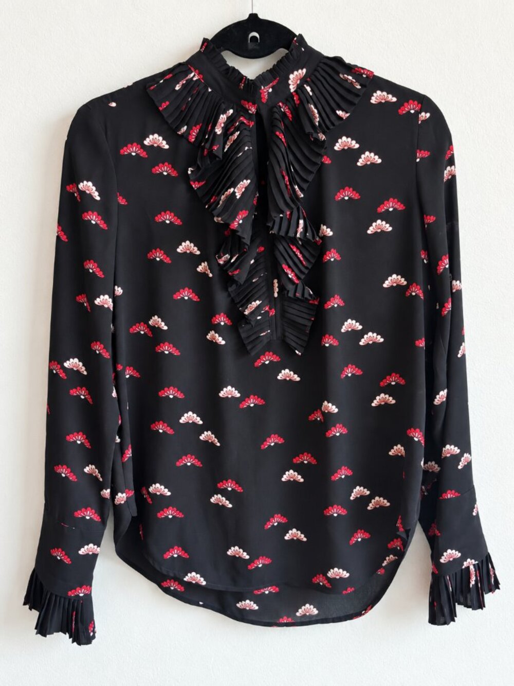 Ann Taylor Black Fan Print Pleated Ruffle Blouse - S